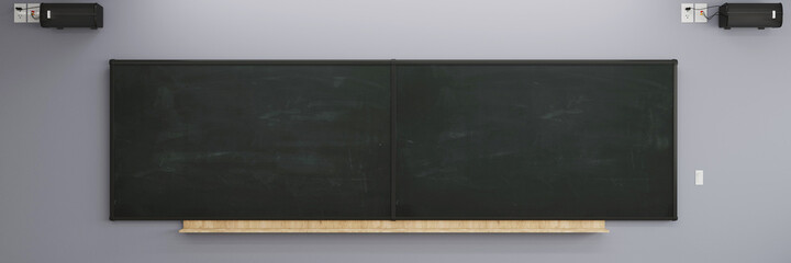 Wand im Klassenraum mit Schultafel und Lautsprechern