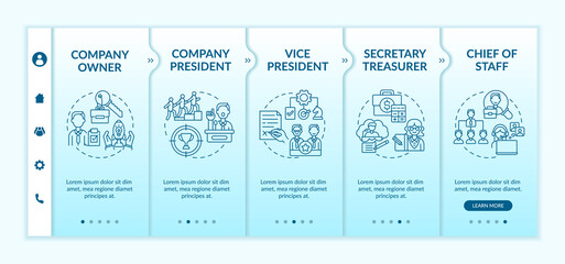 Company top management jobs onboarding vector template. Chief of staff. Secretary and treasurer. Responsive mobile website with icons. Webpage walkthrough step screens. RGB color concept