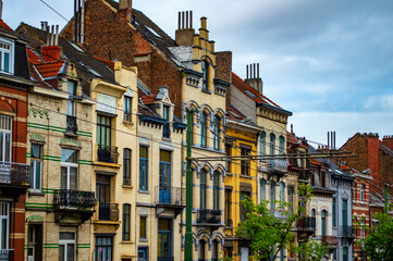 Brussels, Belgium - July 14, 2019: Colorful brick buildings of typical Belgian architecture in Brussels, Belgium - 417361252