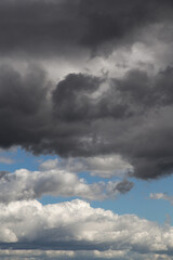 Fototapeta premium Storm sky. Dark grey and white big cumulus clouds against blue sky background, cloud texture, thunderstorm