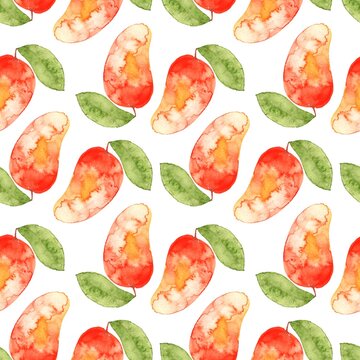 Seamless pattern with watercolor mango on a white background. Erotic fruit background. Tropics.