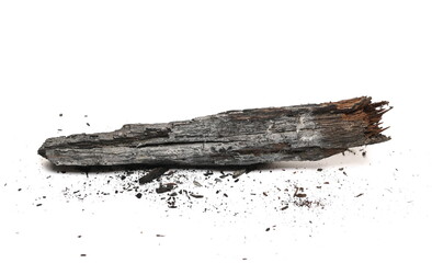Charred wood, tree bark with ash pile isolated on white background