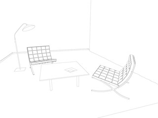 Interior outline with armchairs, table and lamp. 3D. Vector illustration