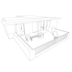 The contour of the house with a summer terrace. 3D. Vector illustration