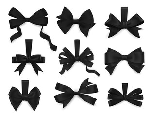 Mourning bows and funeral black ribbons 3d realistic vector set. Four and six loop bows with tale, bowtie of glossy silk or satin. Funeral, memorial ceremony card decor, invitation design element