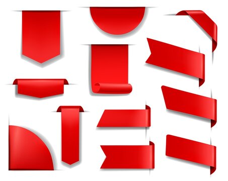 Red Banners And Labels For Web Page, Sale Promotion Design Element. Blank Red Bookmarks, Paper Or Fabric Badges Templates And Ribbon Flags On Page Top, Side And Corner 3d Realistic Vectors Set