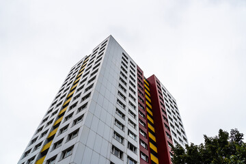 Residential buildings from soviet era in East Berlin. Thermal insulation renovation facade