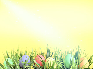 Easter painted eggs of light pastel tones lie in green grass. Easter Eggs Hunting. Happy Easter. Greeting card. Space for text