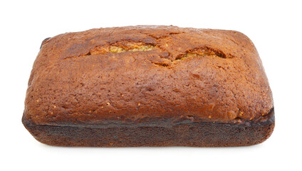 A fresh homemade loaf of banana walnut bread on white background