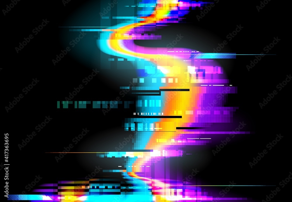 Aufkleber Glitch background, pixels digital noise on screen, vector. Glitch or signal distortion effect on display, neon color line glitch on TV or computer display, VHS video television interference