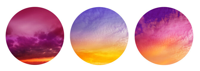 Romantic sunset sky background isolated on white background. Set