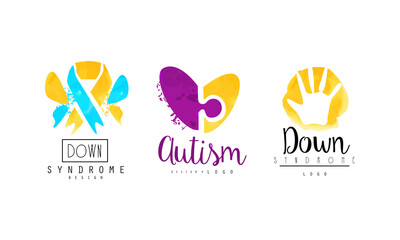 Autism and Down Syndrome Bright Logo Design Set, Awareness Concept, Kids Center, Charitable Organization Emblems Vector Illustration
