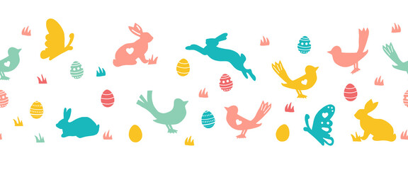 Seamless Easter vector border with bunnies butterflies and birds. Repeating horizontal pattern Easter rabbit and eggs silhouettes. Cute border for cards, fabric trim, footer, header, divider, ribbons.
