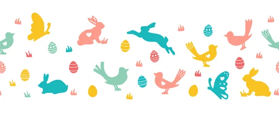 Fotobehang Eenhoorns Naadloze Pasen-vectorgrens met konijntjesvlinders en vogels. Herhalende horizontale patroon Pasen konijn en eieren silhouetten. Leuke rand voor kaarten, stoffen bekleding, voettekst, koptekst, scheidingslijn, linten.