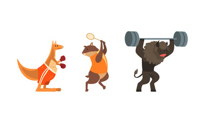 Bull Exercising with Barbell, Marmot Playing Tennis, Kangaroo Boxing, Powerful Wild Animals Characters Doing Sports Vector Illustration