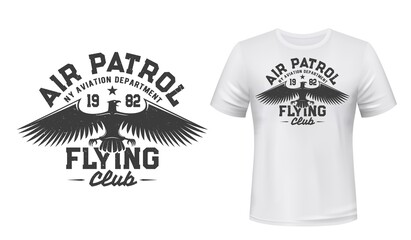 Eagle flying club t-shirt print mockup, air patrol and aviation department vector badge. Gothic eagle and star symbol of aviators club and airplane pilots academy for t shirt print - obrazy, fototapety, plakaty