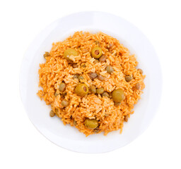 Chicken curry with vegetable curry and rice in plate on white