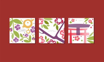 Japanese Greeting Cards Collection, Banner, Poster with Eastern Country Traditional Symbols Abstract Design Vector Illustration