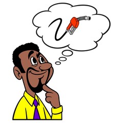 Man thinking about Gas Pump Prices - A cartoon illustration of a man thinking about Gas Pump Prices.