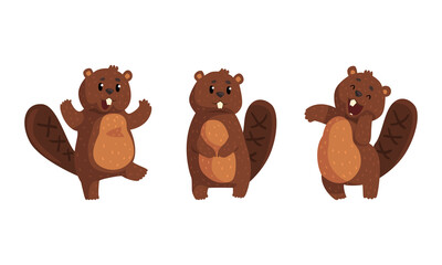 Cute Brown Beaver with Various Emotions Set, Funny Cheerful Woodland Animal Character Cartoon Vector Illustration