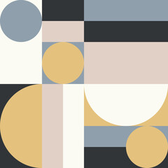 Modern vector abstract seamless geometric pattern with semicircles and circles in retro scandinavian style. Pastel colored simple shapes mosaic background. Bauhaus design inspired background.