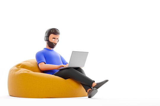 Happy beard cartoon character man in blue t-shirt and headphones work with laptop at yellow bean bag armchair isolated over white background.