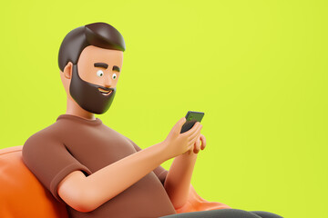 Cartoon character man relaxing on bean bag sofa and use smartphone over lemon green background.