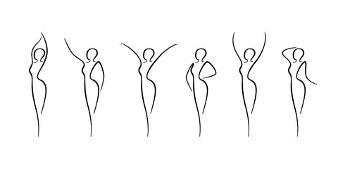 Woman body outline icons set. Various female line silhouettes, model, figure. Abstract image of girl sign for wellness center, sport, dance, beauty salon and spa. Vector isolated illustration
