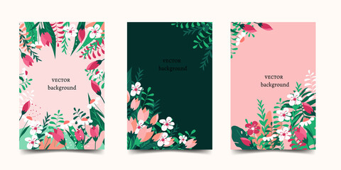 Vector abstract set of bright cards with leaves and flowers. Design templates for covers, social networks, advertising and promotion. Place for text