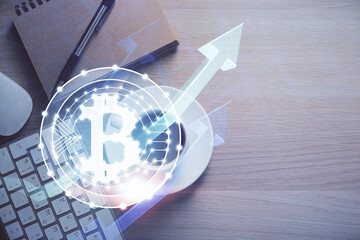 Multi exposure of crypto theme drawing and work table top veiw. Concept of blockchain technology in...