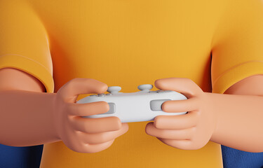 Close up cartoon character hands holding white gamepad. Online gaming and cyber sport concept. © Foxstudio