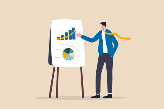 Business presentation, professional speaker to present work progress or investment portfolio concept, smart businessman present business analysis report on whiteboard in company meeting or conference.