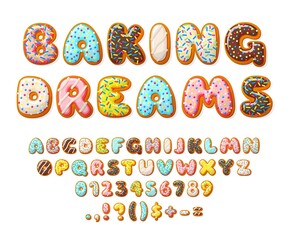 Donut font. Sweets letters, bakery text numbers alphabet. Cake and cookies, isolated baby glazed dessert. Color 3d pastry recent vector set. Illustration sugary english abc and numbers