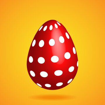 Red Easter egg with white spheres, with a shadow, on a yellow-orange background. Realistic Easter egg on a yellow background. Greeting card template. Vector illustration.