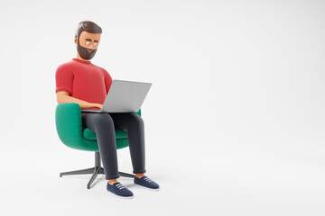 Cartoon beard character man working with laptop at the green armchair isolated over white background. Home office concept.