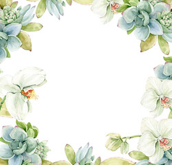 frame with delicate watercolor flowers succulents and orchids, illustration hand painted