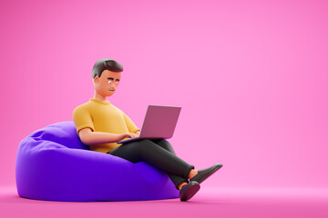 Young cartoon character man in yellow t-shirt work with laptop at purple bean bag armchair over pink background.