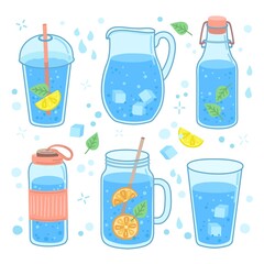 Drink water concept. More drinking, glass bottle cup and mug. Healthy trendy lifestyle, zero waste and reusable plastic thermos exact vector set. Illustration drink water in bottle with lemon