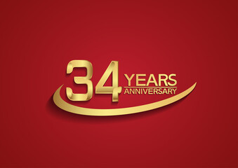 34 years anniversary logo style with swoosh golden color isolated on red background for celebration moment