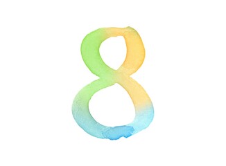 Watercolor numbers, hand-drawn by brush. Multicolor vintage symbol. Template for greetings, design, postcards, decoration.