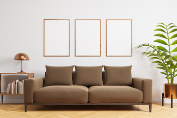 Modern scandinavian interior with brown sofa, wooden floor, white wall and three blank posters. Mock up.