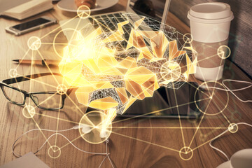 Double exposure of brain theme drawing and cell phone background. Concept of information
