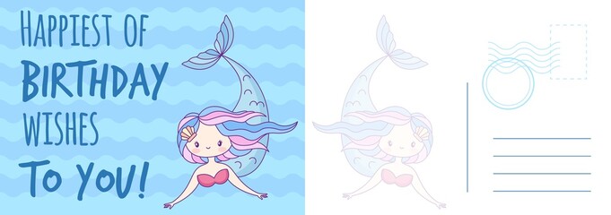 Happy Birthday wishes postcard. Holiday card with little mermaid on ocean background, underwater princess with fish letter template, card with congratulate text vector cartoon illustration