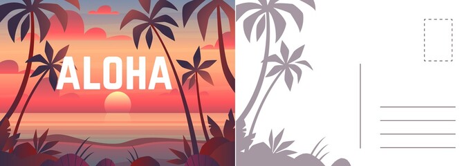 Aloha postcard. Card with summer landscape, seaside sunset and palm. Tropical paradise and outdoor recreation letter template, vector vacation invitation and greeting cartoon illustration © YummyBuum