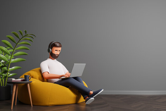Beard cartoon character man seat on yellow bean bag use laptop at simple cozy interior with gray wall wooden floor. Work at home concept.
