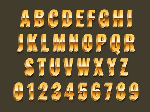 Gold 3d font. Realistic metal latin alphabet, shiny effect capital english letters and metallic numbers, luxury golden typography, vip and award inscriptions. Vector 3d abc isolated set