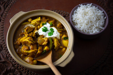 Homemade Mango Coconut Curry Chicken with White Rice and Garlic Naan Flatbread