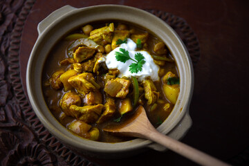 Homemade Mango Coconut Curry Chicken with White Rice and Garlic Naan Flatbread