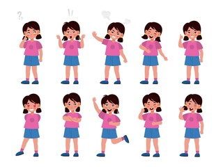 Girl emotions set. Emotional kid character in different poses, feelings expression, mood options, body language, happy and unhappy. Vector flat cartoon children character collection
