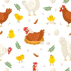 Easter chicken seamless pattern. Funny laying hens with baby chicks and eggs, birds on nests, egg shell, and feathers. Decor textile, wrapping paper wallpaper vector print or fabric